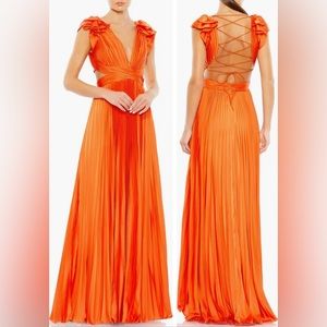 Ieena for Mac Duggal Plunge Neck Pleated A-Line Dress in Sunset